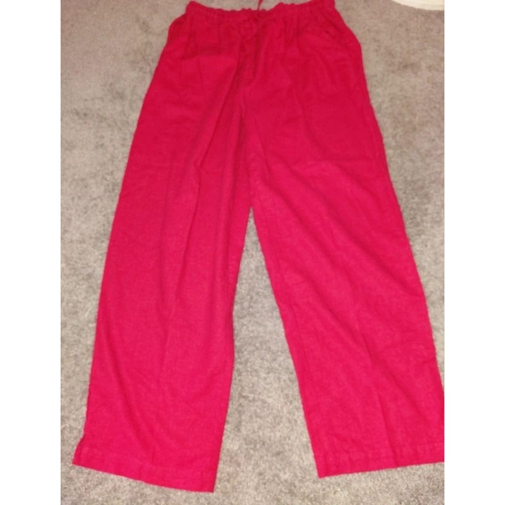 Erika Petite Womens Red Linen Blend Wide Leg Elastic Waist Pull On Pants PL